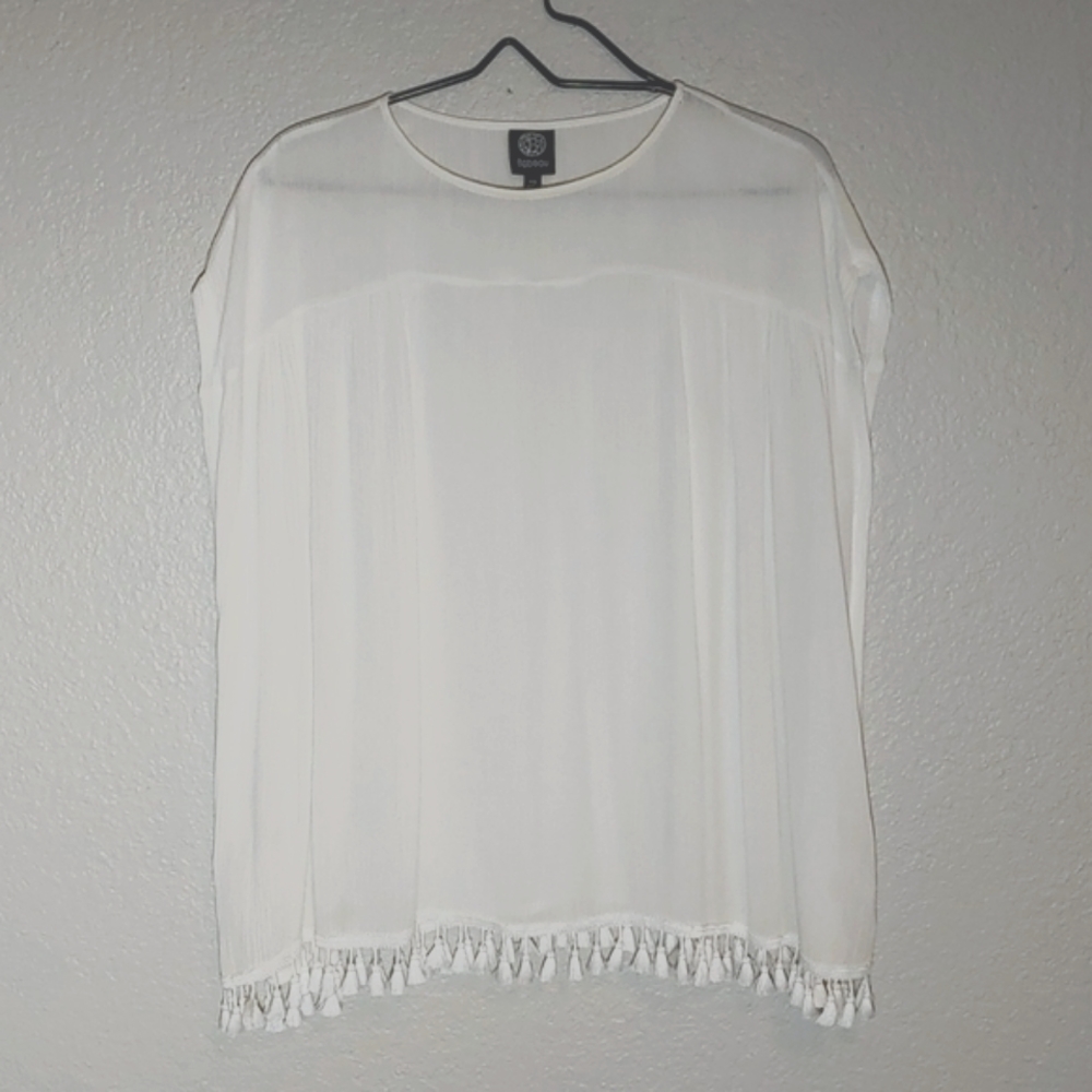 Bobeau pompom fringe sleeveless top